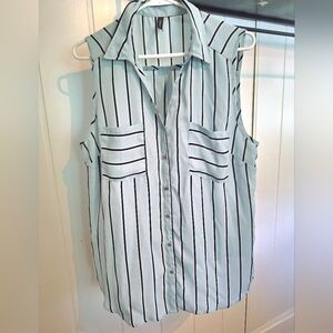 Massini Light Teal Striped Blouse Notched Collar Size XL Very Good Condition